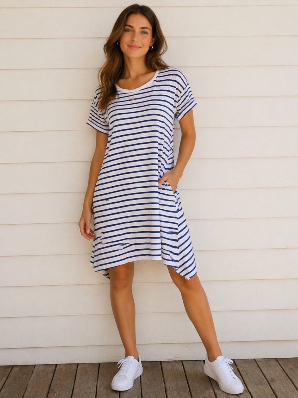 SUNDRY Pima Cotton Stripe T-Shirt Dress | Neon Orange Back Seam Detail | S